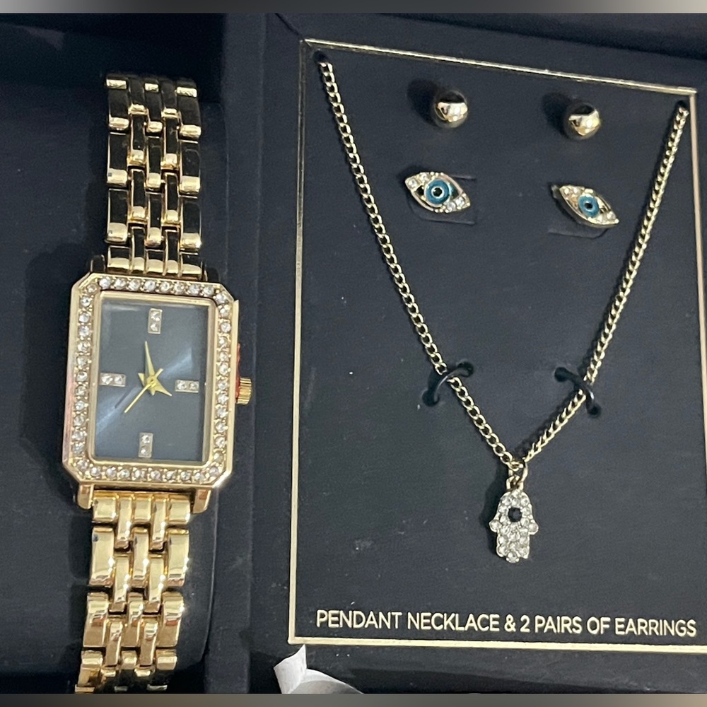 Jessica Carlyle Quartz Gold-Tone Alloy Watch, Necklace & Earrings Gift Set
